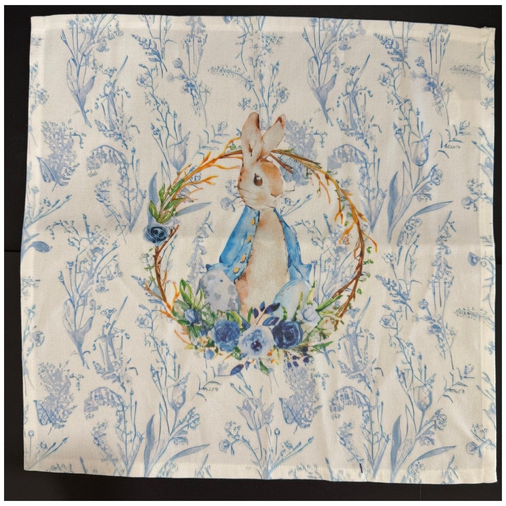Easter Bunny Wreath Fabric Cloth 18x18 Blue Toile Style Decor Panel